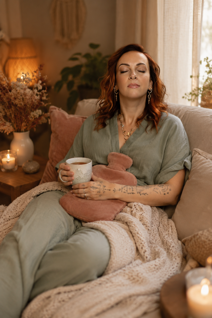 Femme se reposant après un rituel de soin pour l'endométriose aevc une bouillotte sur le ventre et une tisane, dans une ambiance cocooning
