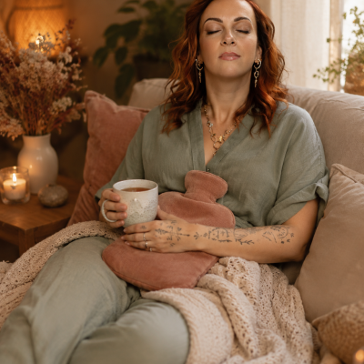 Femme se reposant après un rituel de soin pour l'endométriose aevc une bouillotte sur le ventre et une tisane, dans une ambiance cocooning