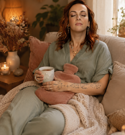 Femme se reposant après un rituel de soin pour l'endométriose aevc une bouillotte sur le ventre et une tisane, dans une ambiance cocooning